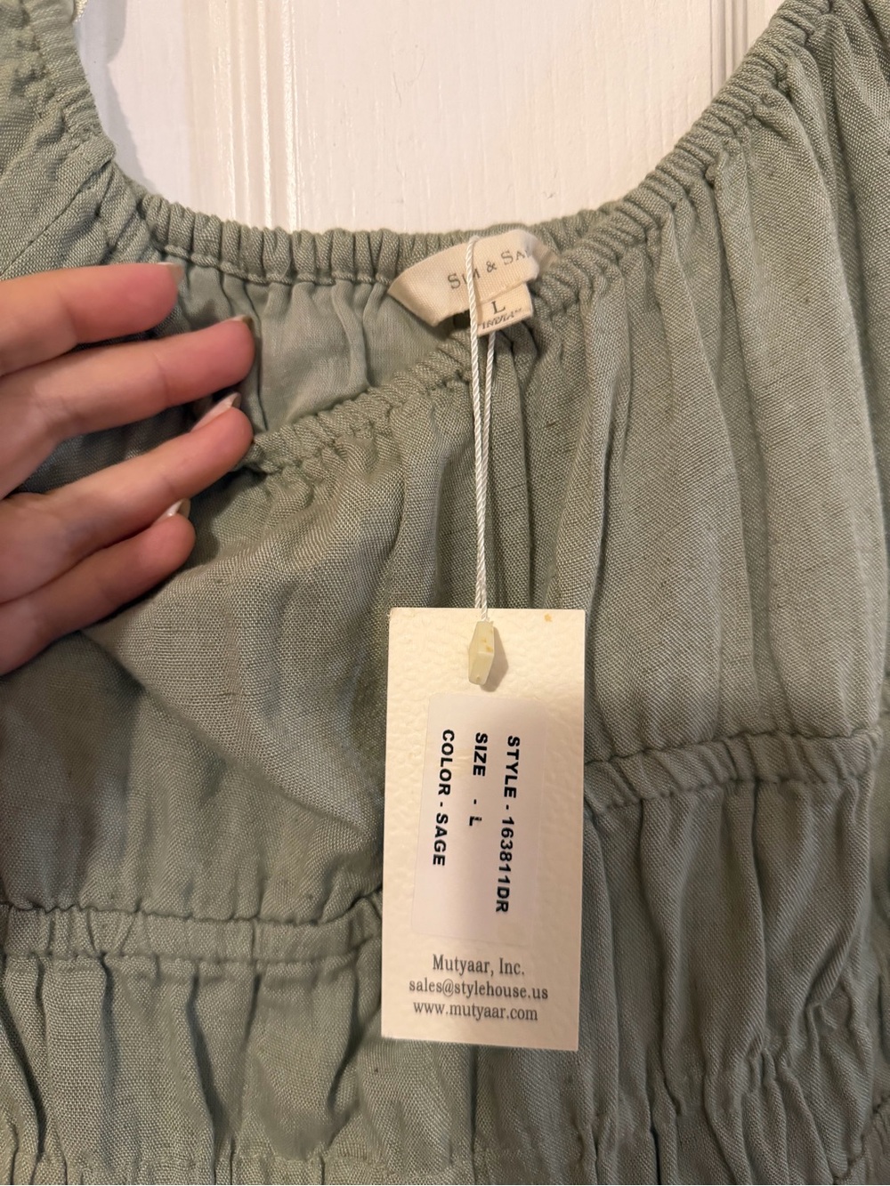 Sage Gathered Waist Midi Dress with Puff Sleeves - Picture 4 of 4
